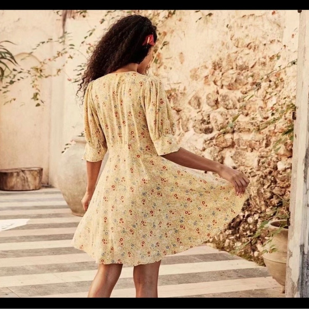 DOEN Ceres Floral Silk Crepe De Chine Puff Sleeve Button Front Mini Dress Size S